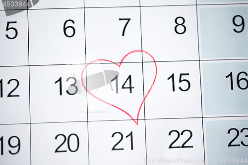 Image of close up of 14th february date in calendar