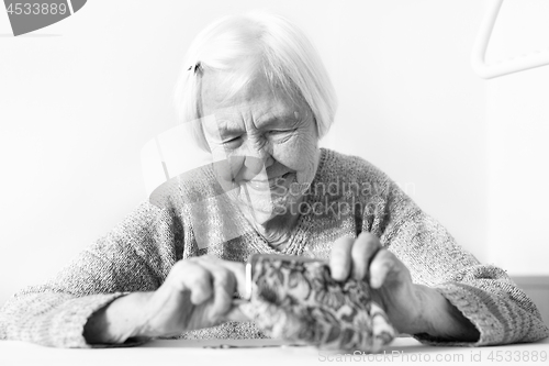 Image of Detailed closeup photo of unrecognizable elderly womans hands counting remaining coins from pension in her wallet after paying bills.