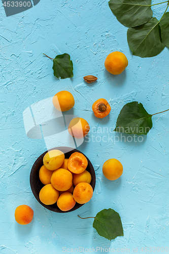 Image of Fresh orange apricots in black wooden bowl.
