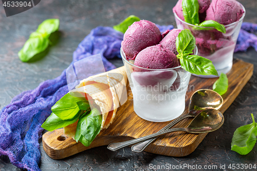 Image of Homemade blueberry ice cream with basil.