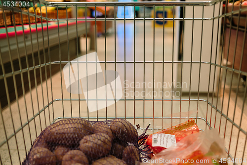 Image of view from the shopping cart. product in the supermarket trolley.