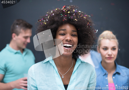 Image of confetti party multiethnic group of people