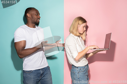 Image of Businesswoman hugging laptop. Love to computer concept. Attractive female half-length front portrait
