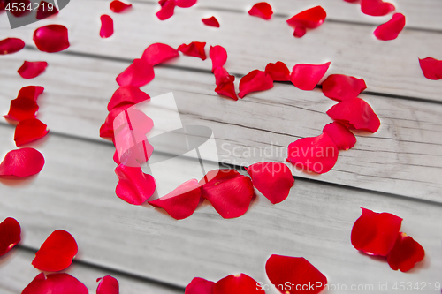 Image of close up of red rose petals in heart shape