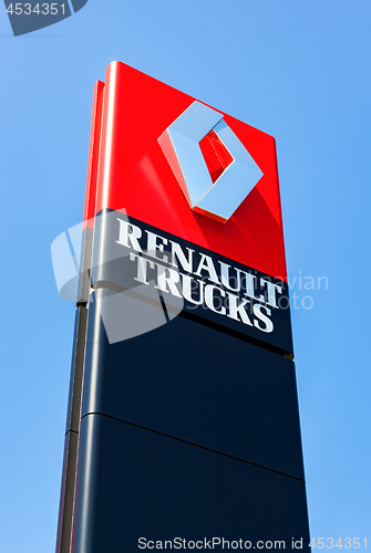 Image of Official dealership sign Renault over blue sky