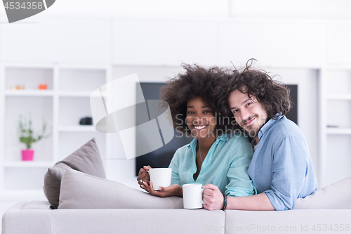 Image of multiethnic couple sitting on sofa at home drinking coffe