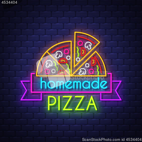 Image of Homemade Pizza - Neon Sign Vector on brick wall background