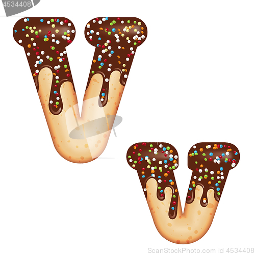 Image of Tempting typography. Font design. 3D donut letter V glazed with 