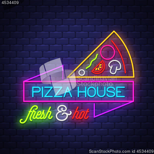Image of Pizza House - Neon Sign Vector on brick wall background