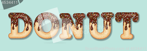 Image of Tempting  typography. Icing text. Word \"donut\" glazed with choco