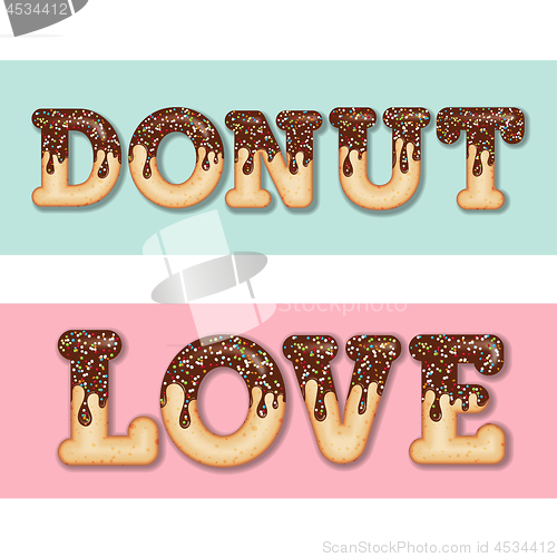 Image of Tempting  typography. Icing text. Words \"donut\" and \"love\" glaze