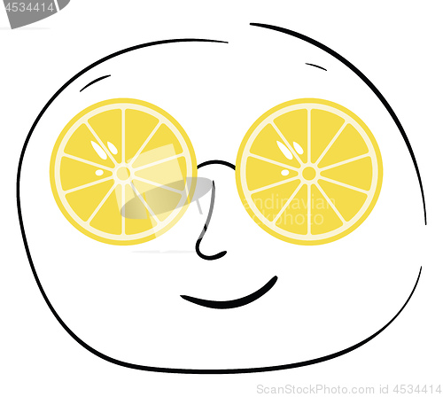 Image of Cartoon face of a man with sliced lemon over eyes vector or colo