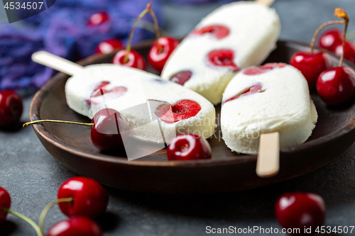 Image of Artisanal vanilla sundae with red cherry.