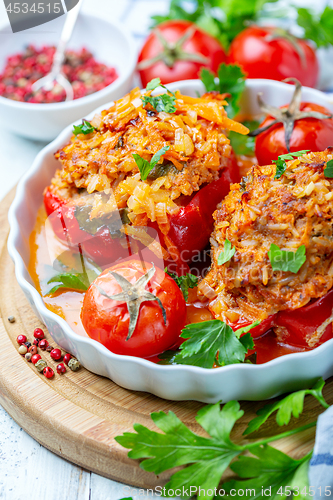 Image of Peppers stuffed with meat and vegetables close up.