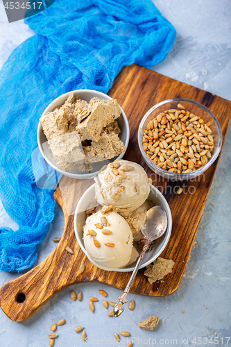 Image of Artisanal ice cream with halva and sunflower seeds.