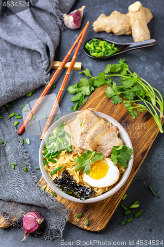 Image of Traditional ramen soup with slices of pork.