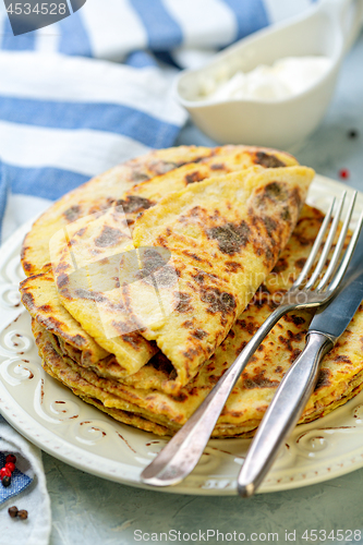 Image of Homemade potato pancakes lefse on a plate.