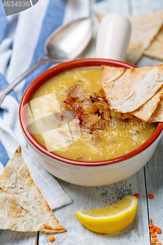 Image of Lebanese red lentil soup with caramelized onion.