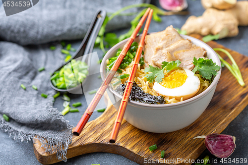 Image of Ramen noodles with pork and pickled egg.