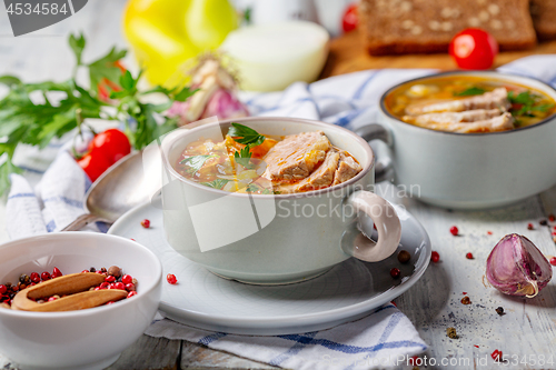 Image of Soup with fresh cabbage and meat in ceramic bowl.