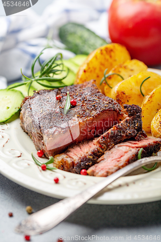 Image of Entrecote with fried potatoes and cucumber.