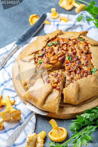 Image of Sliced homemade pie with wild chanterelles.