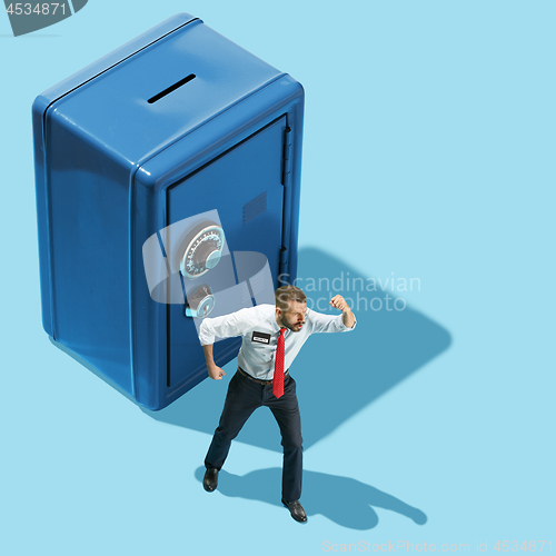 Image of Flat isometric view of businessmen and piggy bank or cash bank