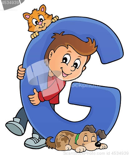 Image of Boy and pets with letter G