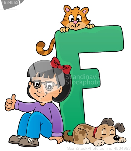 Image of Girl and pets with letter F