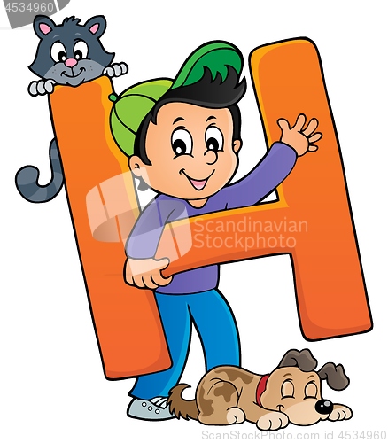 Image of Boy and pets with letter H