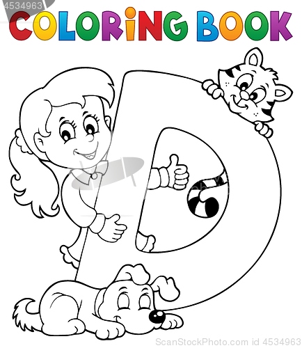 Image of Coloring book girl and pets by letter D