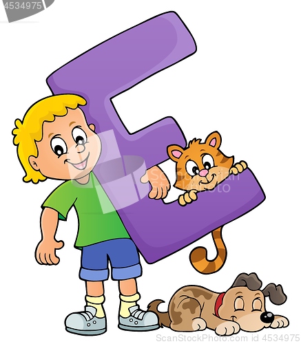 Image of Boy and pets with letter E