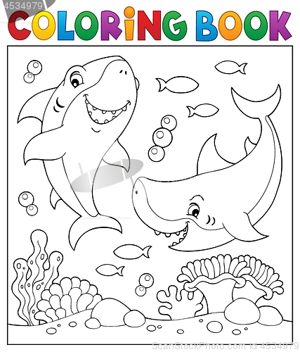 Image of Coloring book sharks underwater 1