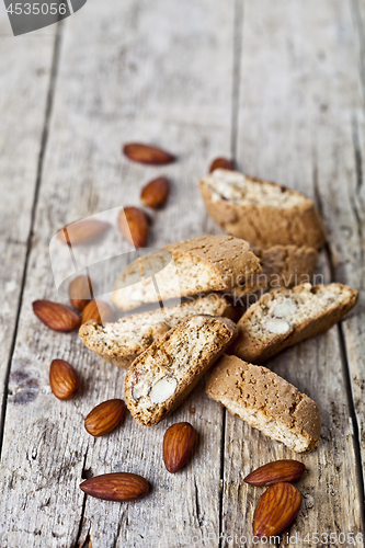 Image of Fresh homemade Italian cookies cantuccini heap and almond nuts o