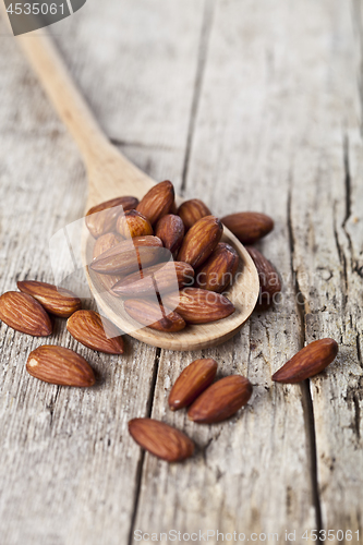 Image of Organic fresh almond seeds on wooden spoon closeup on rustic woo