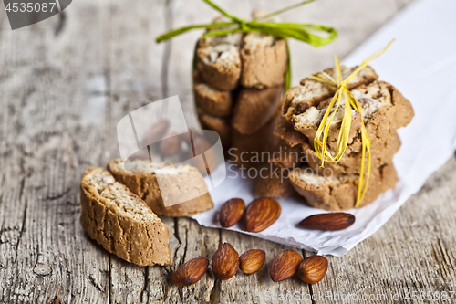 Image of Homemade fresh Italian cookies cantuccini stacks and organic alm