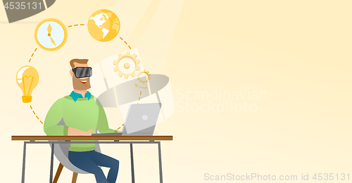 Image of Businessman in vr headset working on a computer.