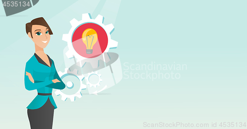 Image of Caucasian woman with business idea bulb in gear.