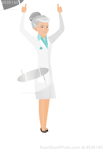 Image of Caucasian doctor standing with raised arms up.