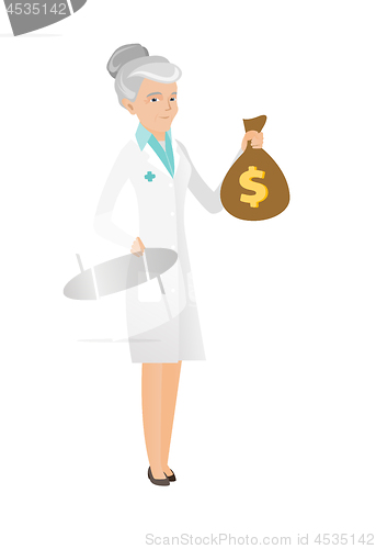 Image of Senior caucasian doctor holding a money bag.