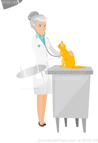 Image of Senior caucasian veterinarian examining cat.