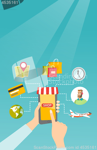 Image of Hands holding phone connected with shopping icons.