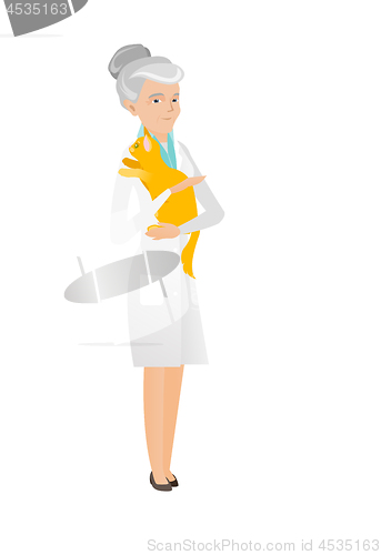Image of Senior caucasian veterinarian with cat in hands.