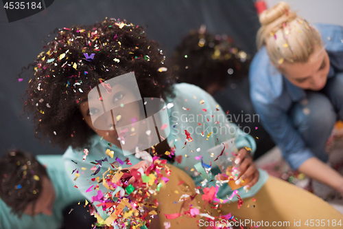 Image of confetti party multiethnic group of people
