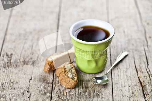 Image of Cup of coffee, fresh Italian cookies cantuccini with almond seed