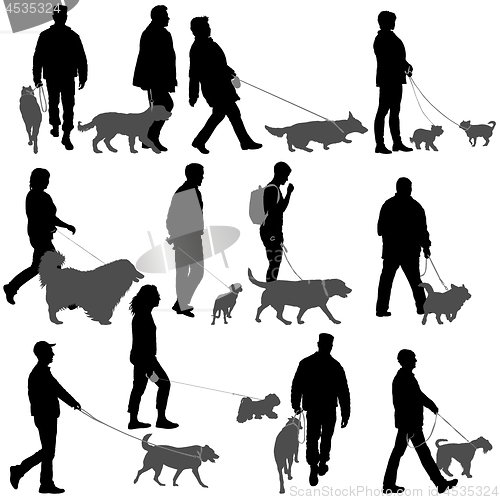 Image of Set silhouette of people and dog on a white background