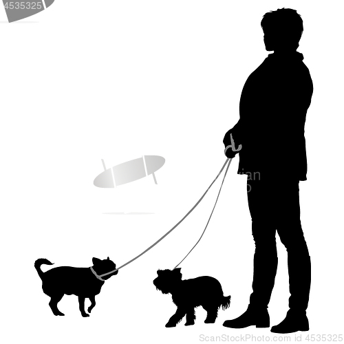 Image of Silhouette of woman and dog on a white background