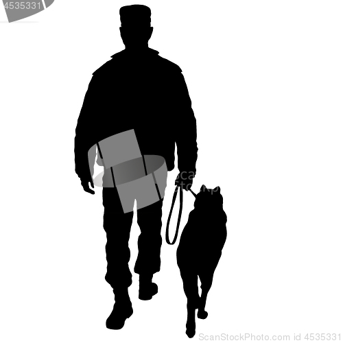 Image of Silhouette of man and dog on a white background