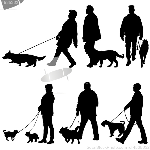 Image of Set silhouette of people and dog on a white background
