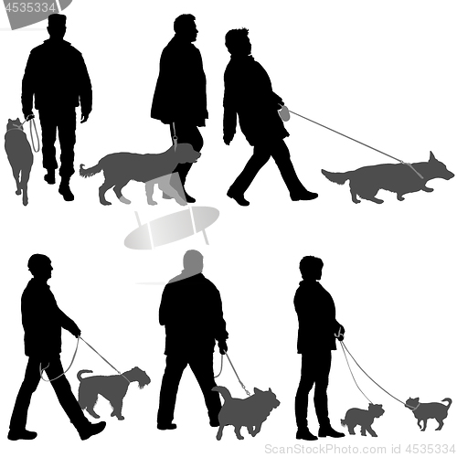 Image of Set silhouette of people and dog on a white background